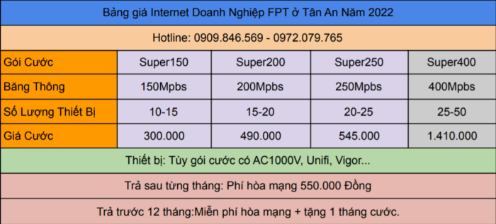 Bảng giá internet FPT ở TP Tân An dành cho công ty, doanh nghiệp.