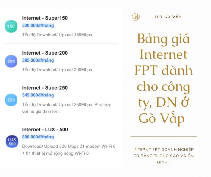 Bảng giá internet FPT ở Gò Vấp dành cho công ty, doanh nghiệp.