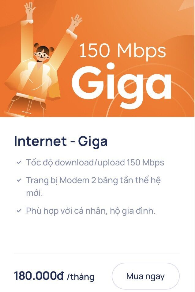Gói cước internet FPT GIGA tốc độ 150Mpbs, giá chỉ 180k/tháng.
